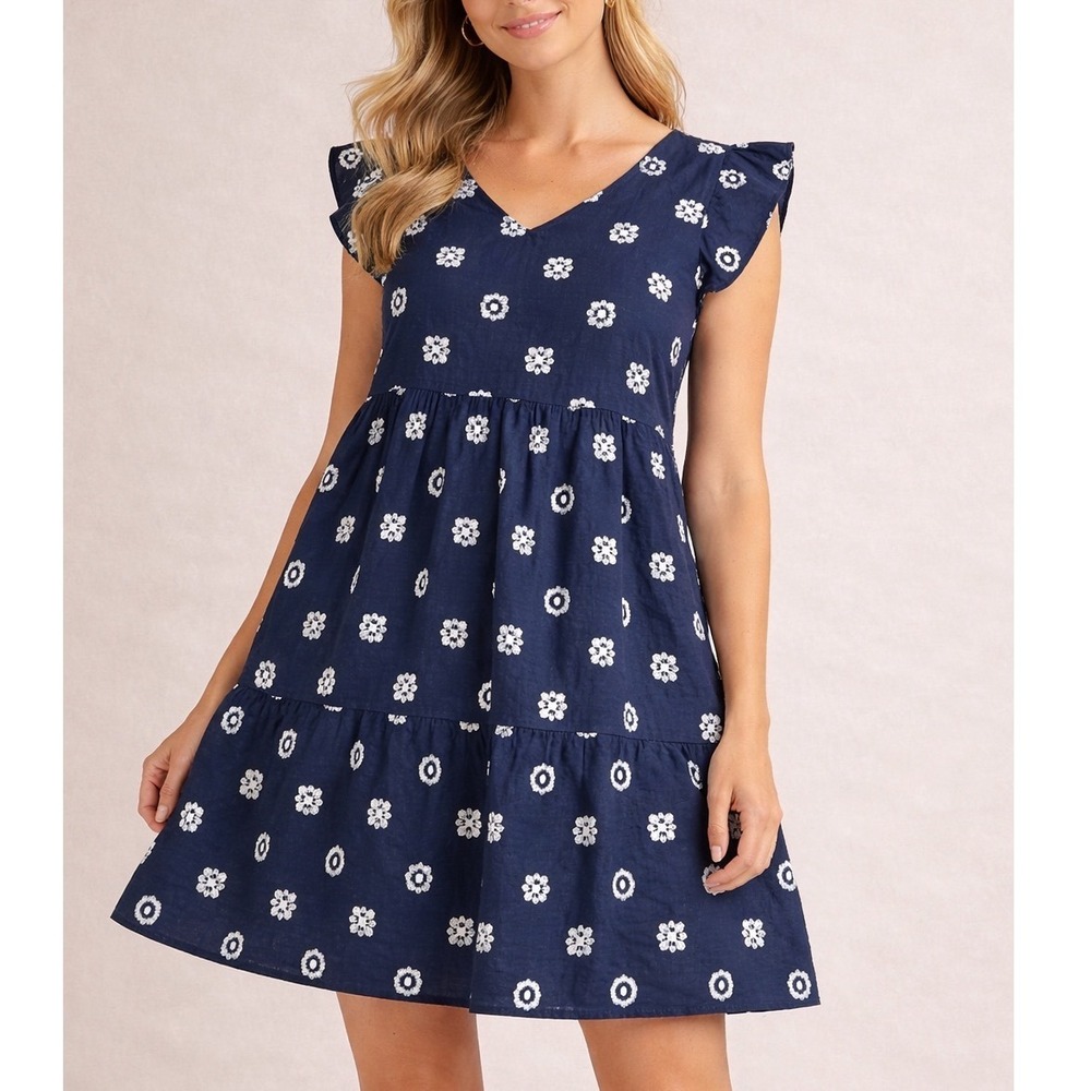 Goodthreads Womens Navy Blue Linen Blend Tiered Mini Dress Flutter‎ Sleeve L c1